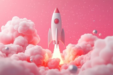 Wall Mural - rocket launching into the sky with a vibrant pink background filled with clouds and stars