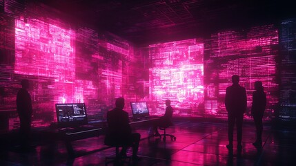 A team of legal experts using advanced e-discovery tools, holographic displays of case files, metadata, and chat logs, a secure network of digital evidence, soft neon lighting illuminating the scene,