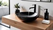 © Galeno - black glass basin stylish wooden counter minimalist modern bathroom setup featuring sleek black faucet