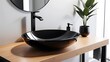 © Galeno - black glass basin stylish wooden counter minimalist modern bathroom setup featuring sleek black faucet