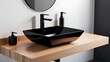 © Galeno - black glass basin stylish wooden counter minimalist modern bathroom setup featuring sleek black faucet