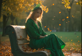 serene woman in green dress sits on bench surrounded by autumn leaves, embodying beauty of nature. warm colors of fall create tranquil atmosphere