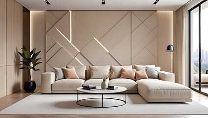 modern beige sofa pairs abstract wall decor panels contemporary living space designed comfort style always