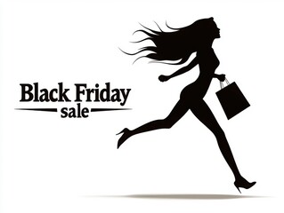 Aufkleber - Black silhouette of a running woman with shopping bags, isolated on a white background. Text reads 