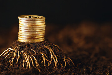 Sticker - Plant roots intertwined with gold coins, symbolizing deep financial stability and prosperity