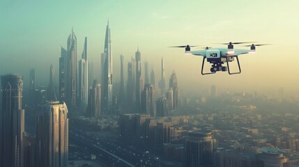 Poster - A drone hovers over Dubai's skyline just before sunset, showcasing the impressive skyscrapers and vibrant city life. The golden hour illuminates the buildings, creating a stunning visual contrast.