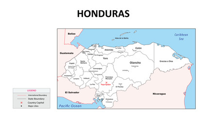 honduras Map. State map of honduras. Administrative map of honduras with state and capital in white color.