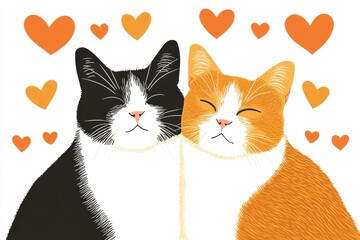 Two cats sitting side by side surrounded by floating orange hearts creating a playful and romantic atmosphere of love and companionship in a soft minimal illustration