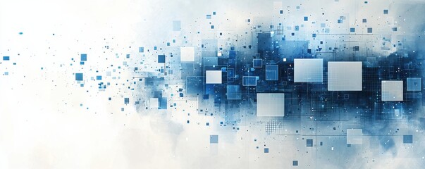 Poster - Abstract illustration with blue geometric shapes and squares on a light background, representing digital technology and modern design