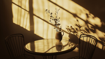 Minimalist dining area featuring two black metal chairs, a round glass table, and a single ceramic vase with greenery in a sunlit room