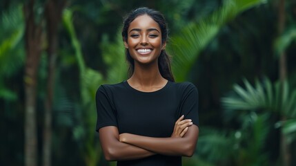 A confident young woman with a bright smile, standing with her arms crossed in an outdoor setting. The lush green background enhances her relaxed and self-assured demeanor