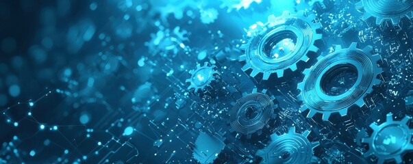 Poster - background featuring interconnected gears with a vibrant blue color scheme symbolizing technology, innovation, and complexity