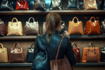 Shopper inspecting a variety of handcrafted jewelry in a sophisticated artisan shop. 