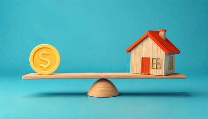 A small wooden house balances on a seesaw with a gold coin, symbolizing the relationship between real estate and value.