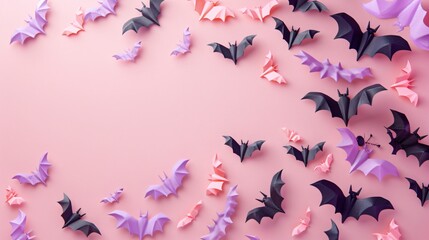 Top view, Pink background with a bunch of paper bats flying around it, Halloween theme