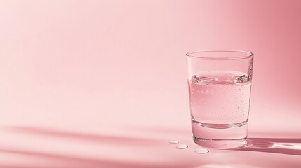 A glass of water on a pink surface with light stripes.