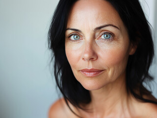 close up photo of middle aged woman with black hair, showcasing her natural beauty and character. Her face displays signs of aging, including wrinkles and bags under her eyes, against soft white