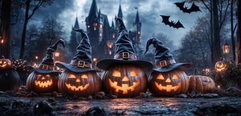 Halloween Pumpkins Wearing Witches Hats Background image Neo Art HD Print 03