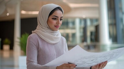 Poster - A young woman wearing a hijab closely examines architectural plans in a contemporary indoor space filled with natural light. She appears focused and engaged in her work.