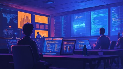 Fototapete - Several people work at their desks in a large room with screens displaying data. The room has a dark blue color scheme and the lighting is bright