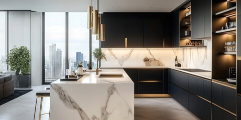 Wall Mural - Modern luxury kitchen interior with black cabinets countertops apartment natural.