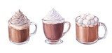 Collection of watercolor hot winter drinks: cocoa with marshmallow and hot chocolate with whipped cream in a transparent mugs