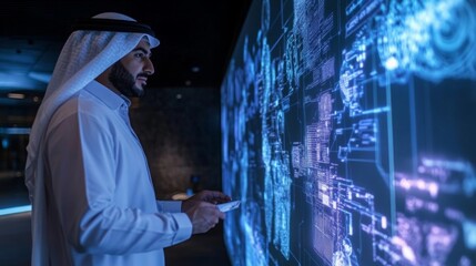 Leinwandbilder - A man in a white thobe and a white head covering stands in front of a large display screen. The screen shows a blue digital display with lines and graphics