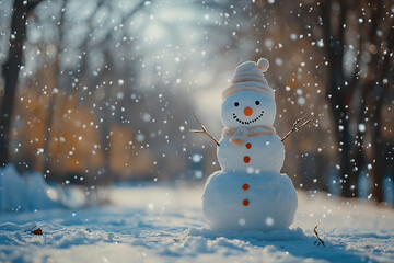 Wall Mural - Snowman in winter clothes on park background