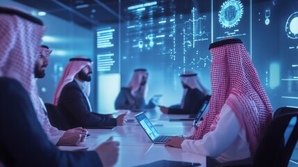 Poster - A diverse group of professionals engages in discussions about technological advancements in a sleek office. They analyze data on digital screens, showcasing teamwork and innovation.