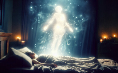 soul leaves the body of a deceased person on a couch, ascension