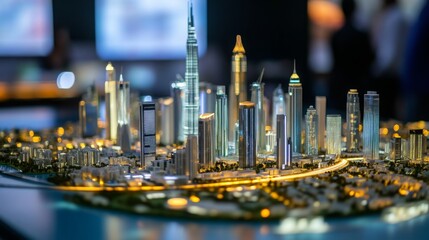 Poster - A miniature model of a city, showcasing numerous skyscrapers with illuminated windows and streets. The city lights create a warm glow against the dark background.