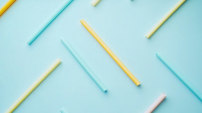 A minimalist composition featuring sleek, modern straws in various shades on a light blue background, shot from above to highlight their design and color.