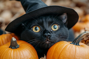 Creative halloween banner with traditional symbol orange pumpkin wizard black cat jack o lanterns, Generative AI