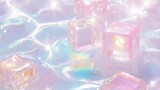 Glowing iridescent ice cubes floating on shimmering water surface