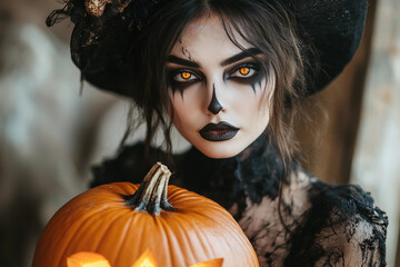 Wall Mural - mysterious person holding glowing pumpkin halloween night design generative ai