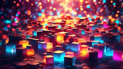 Poster - Abstract Colorful Glowing Cube Pattern Wallpaper Background