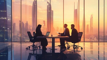 Aufkleber - Three professionals engaged in a business meeting in a high-rise office with a stunning sunset view. The silhouettes reflect a dynamic discussion, highlighting teamwork and collaboration.