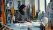 © Prostock-studio - A designer, wearing a hijab, focuses intently on sketching in a well-lit studio. Surrounding her are fabric swatches and various artistic tools, showcasing a vibrant creative workspace.