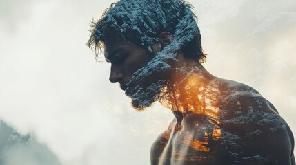 Artistic double exposure portrait of a male rock climber with a tranquil forest silhouette reflecting adventure and nature