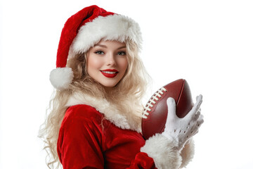 Cheerful woman in festive attire holding a football, celebrating Christmas with a playful spirit