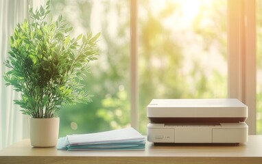 A serene workspace featuring a printer, documents, and a potted plant by a sunlit window.