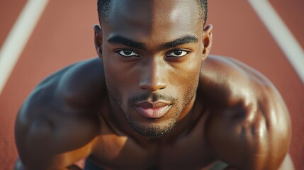 Focused male sprinter poised at the starting line showcasing determination and strength in an indoor track setting