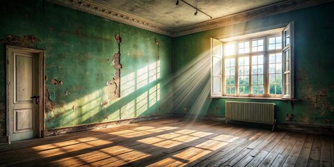 Sticker - A sunlit room with peeling green paint and a glimpse of the outdoors through a window, revealing the passage of time and the beauty of decay.