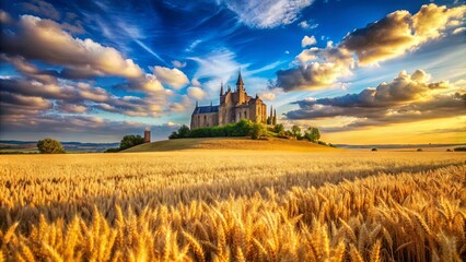 Canvas Print - Golden Wheat Field with a Majestic Stone Castle on a Hilltop Underneath a Dramatic Sky