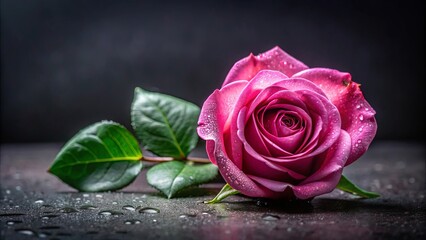 Poster - A single, dew-kissed rose, its petals unfurling in a symphony of vibrant pink, rests upon a dark surface, reflecting the subtle shimmer of light.