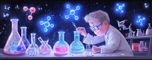 A chemist analyzing a molecular model in the lab, with illuminated blue atoms and molecular symbols hovering around them on a monogram backdrop.