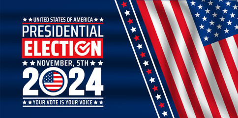 USA 2024 Presidential Election background or banner design with American flag. use to Election event banner, card, poster, background. USA Vote or Election 2024. Political election campaign banner.