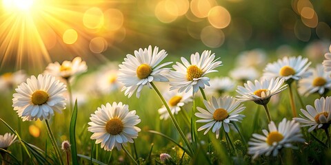 Wall Mural - Daisies basking in the golden glow of the setting sun, their delicate white petals reaching towards the sky, surrounded by lush green foliage, a testament to the beauty of nature's simple wonders.