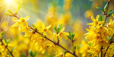 Wall Mural - Golden Sunlight Illuminates Delicate Blossoms On A Branch, A Symphony Of Yellow And Green, A Floral Tapestry Of Springtime Radiance