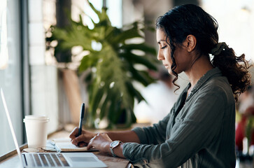 Aufkleber - Laptop, notes and woman in coffee shop for remote work, research or online planning with business ideas. Thinking, project and freelance consultant in cafe with computer, drink or writing web article